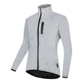 Silver waterproof polyester long sleeved work top laid flat, showing long sleeves and front zip.