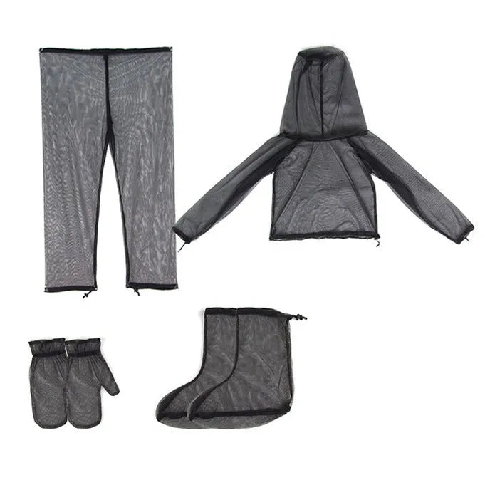 Four-piece mesh anti-mosquito suit including hooded top, pants, and booties for outdoor protection