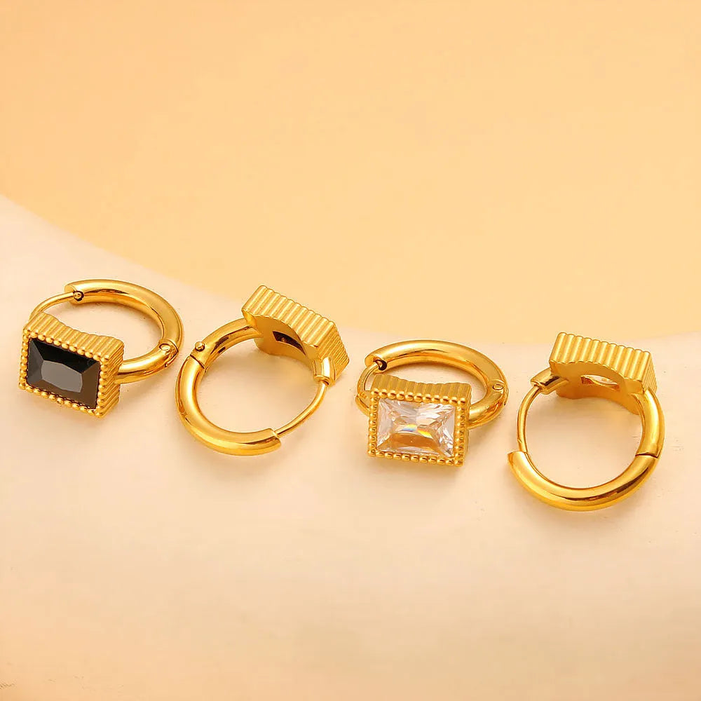 Women's stainless steel earrings with square zircon geometry design in black, green or white