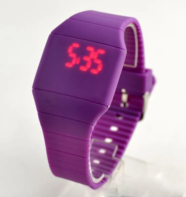 Square electronic watch with touch screen display showing time and date on PU strap