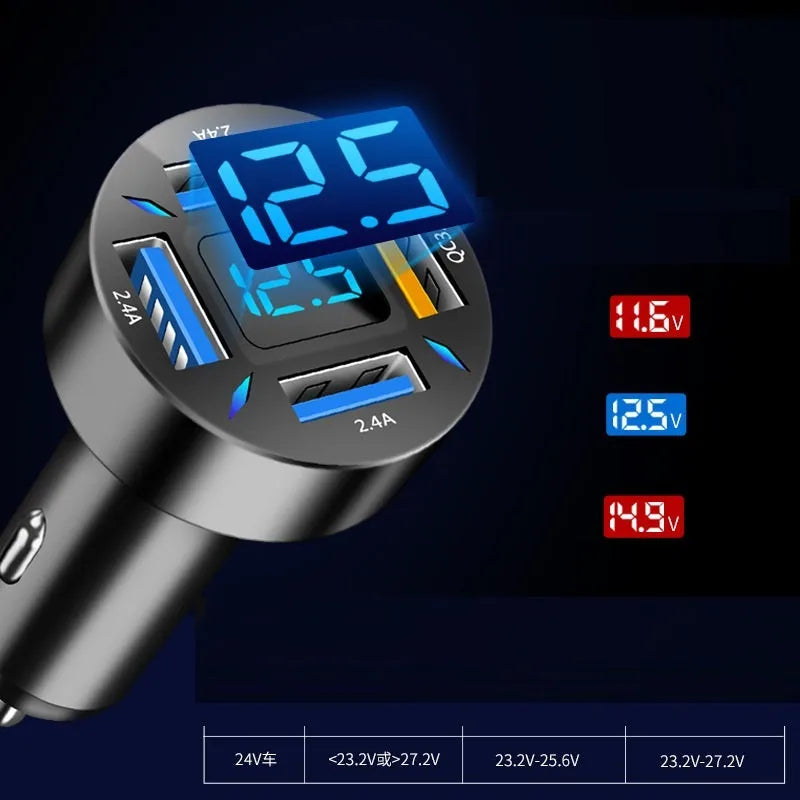 C177 four-port USB car charger with LED digital display, shown plugged into a vehicle power outlet.
