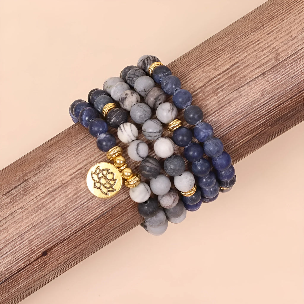 Blue patterned network stone bead multi layer alloy bracelet with natural fresh sweet style.