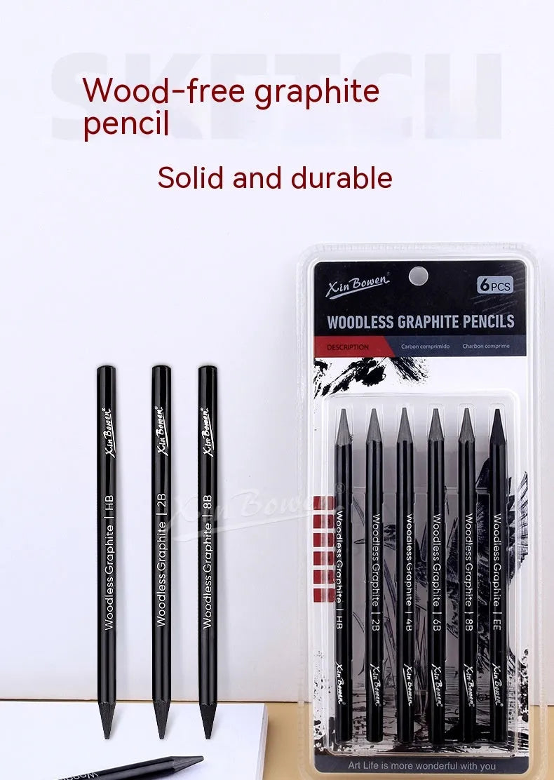 Set of wood-free graphite sketching pencils showing six different hardness grades including HB 2B 4B 6B 8B and EE