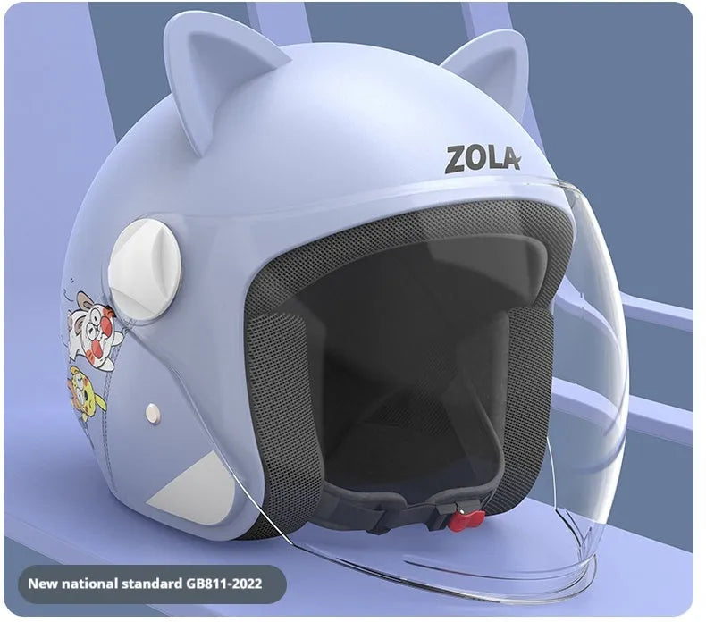 Blue winter electric bicycle helmet with attached ear scarf and a clear anti-fog visor.