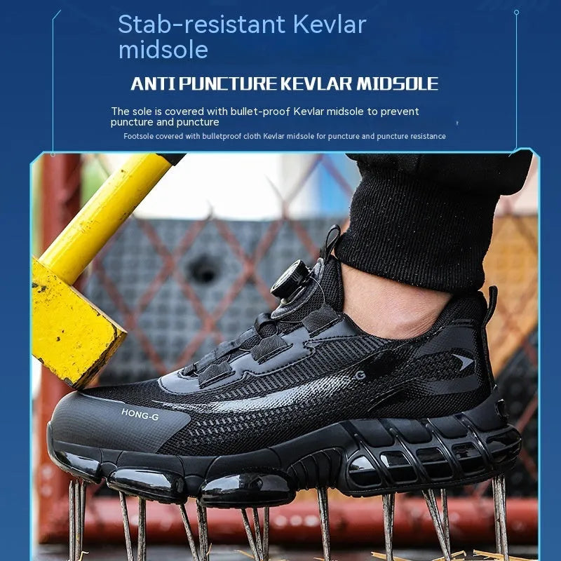 Lightweight Flyknit work shoes with steel toe caps in black, grey and blue colour options