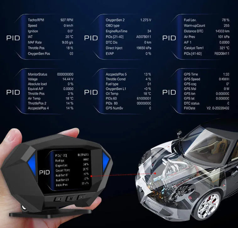 P1 black vehicle head-up display HUD unit with LCD screen and OBD cable.