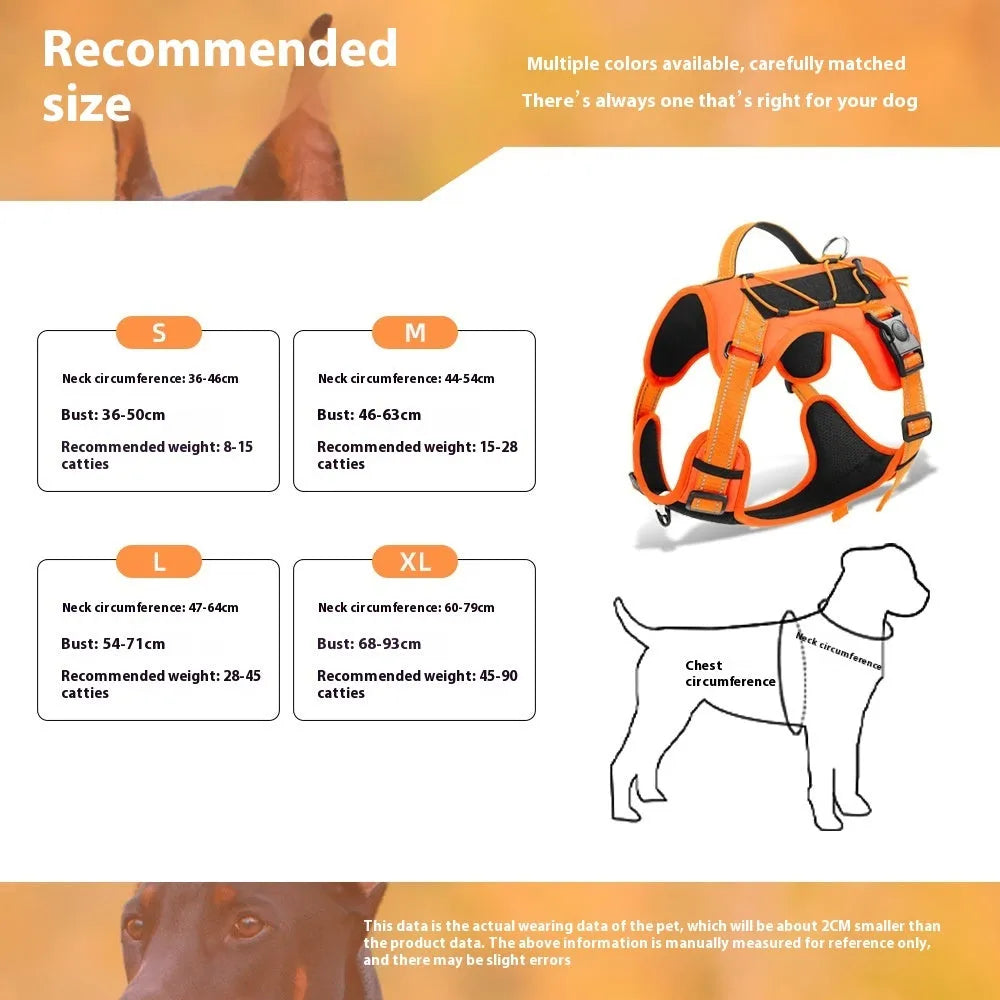 Orange PU dog harness with reflective trim and matching lead with black handle grip.
