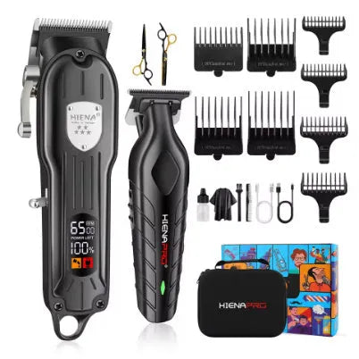 Black professional hair clipper set with aluminium foil shaver, showing LCD display and USB charging port.