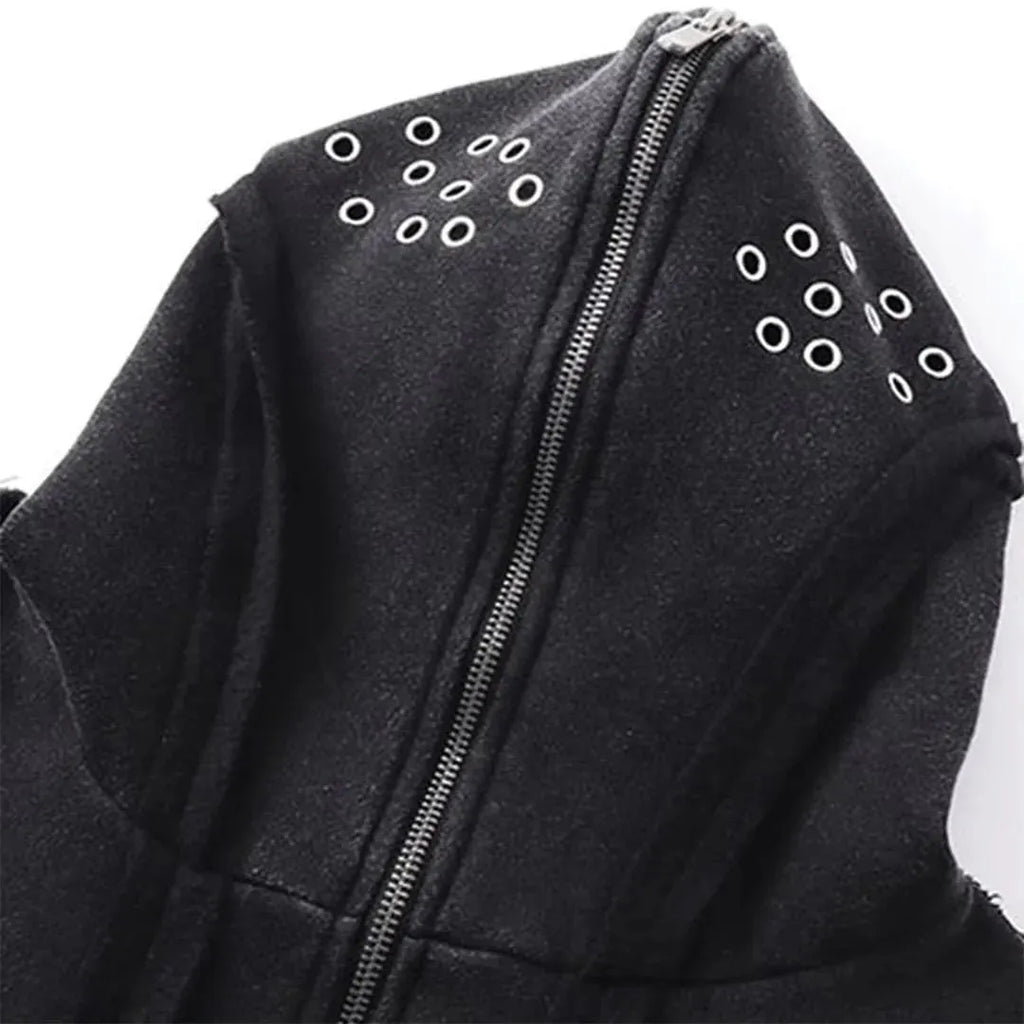 Black cotton hooded coat with zip front, abstract pattern and loose fit