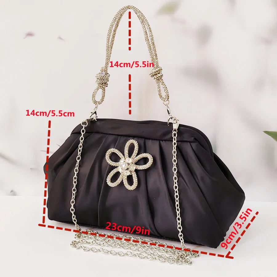 Women's soft polyester dinner bag with chain detailing, document compartment, and shell-shaped design in three colour options
