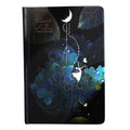 A5 notebook with luminous cover in blue, gold, light blue, or purple, open to show pages for colour illustration.