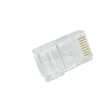 White network modular plug showing three-fork gold-plated contacts and all-copper insert construction