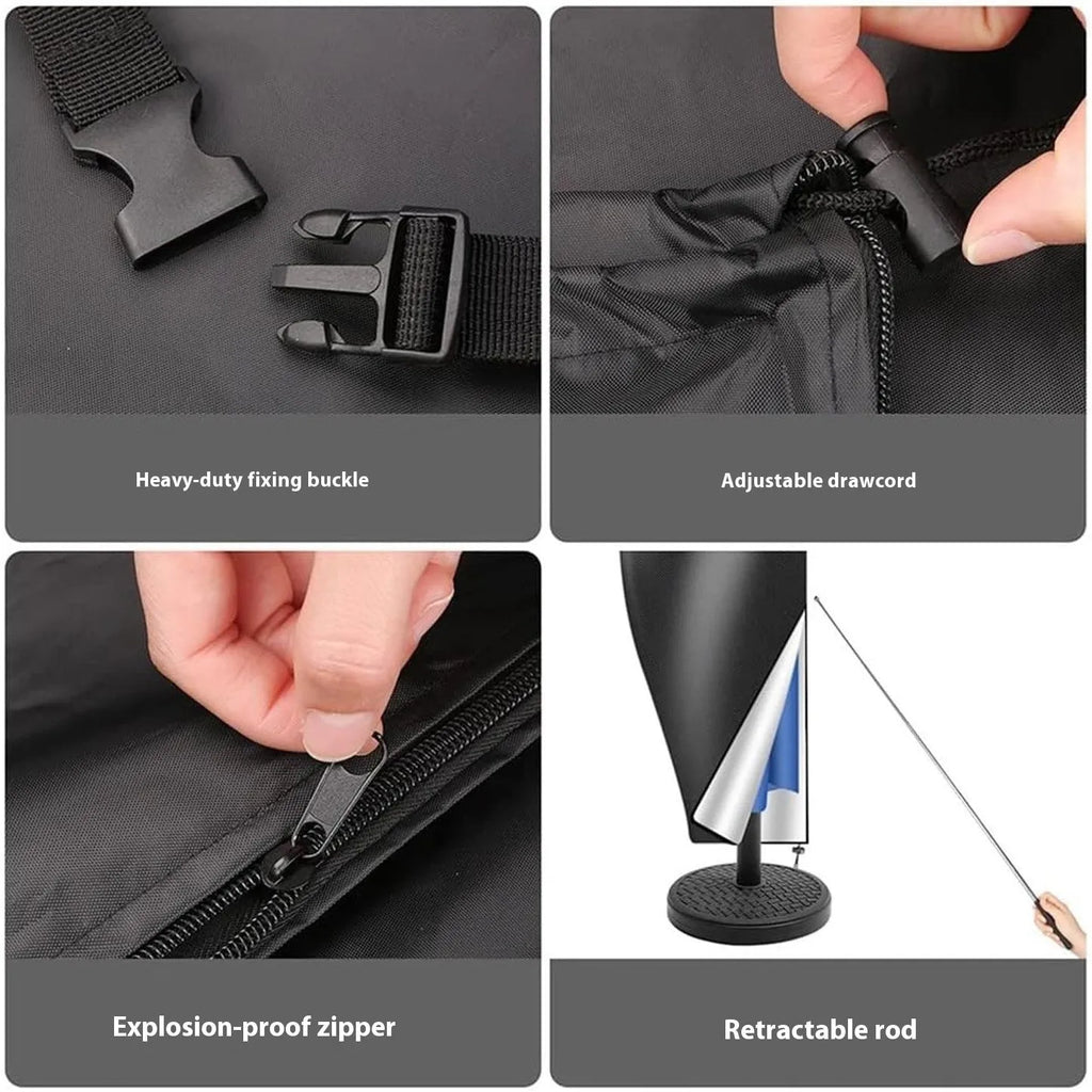 Black and grey Oxford cloth cover for an offset banana-shaped garden umbrella.