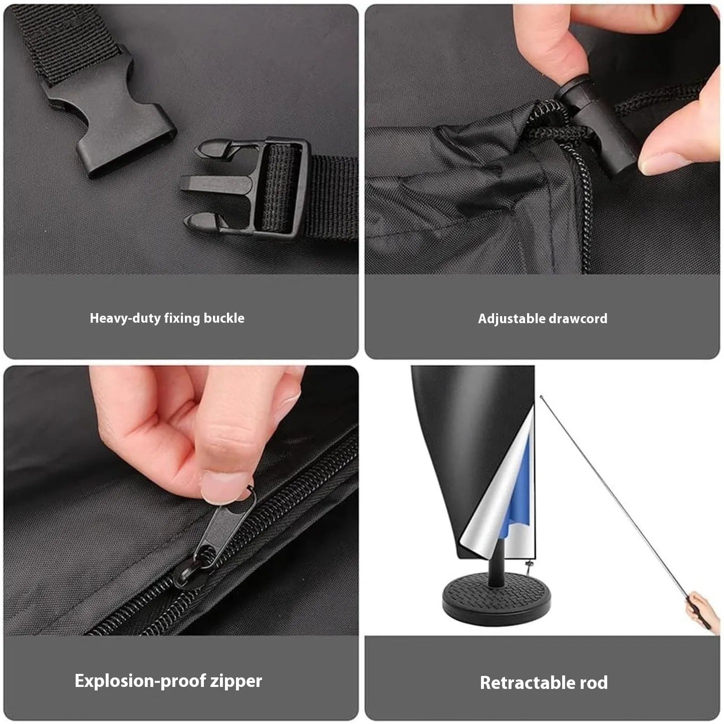 Black and grey Oxford cloth cover for an offset banana-shaped garden umbrella.
