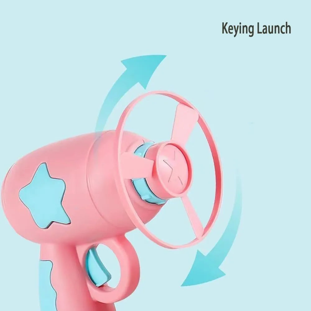 Blue interactive cat toy gun with spinning plastic frisbee for indoor cat play sessions