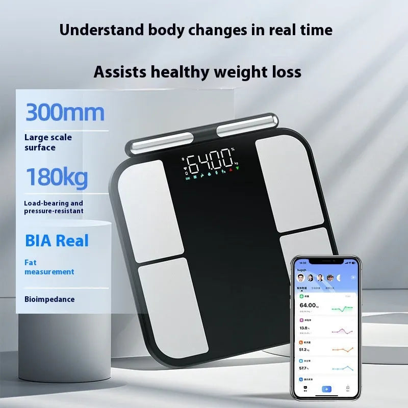 Black electronic weighing scale with tempered glass platform and colour screen displaying body fat percentage.
