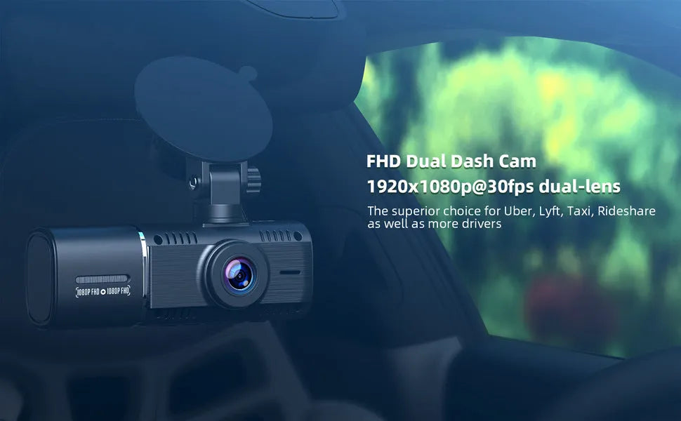 Standard black dashcam for car with front and rear recording, shown with 1.5-inch screen.