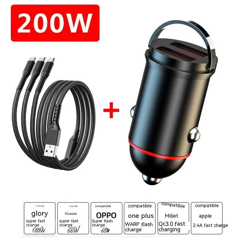 Black 200W car charger with zinc alloy construction measuring 38mm