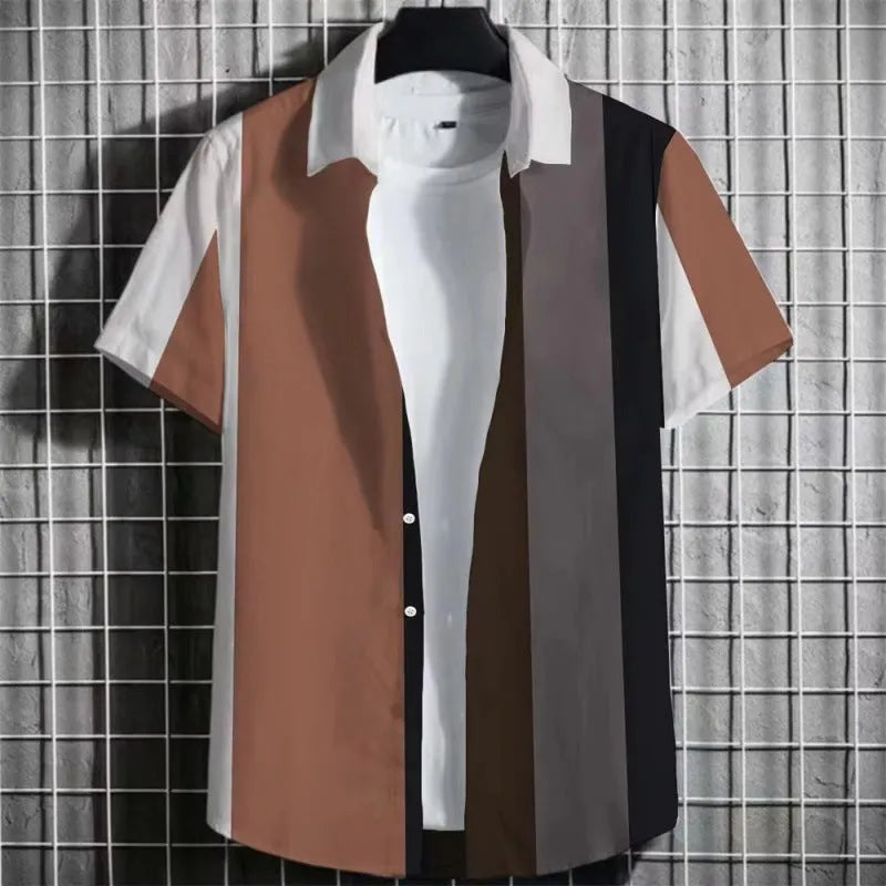 Men's striped short sleeve T-shirt with 3D printed pattern on linen fabric