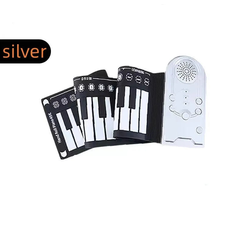 49-key portable folding electronic keyboard in gloss black, showing folded and unfolded positions