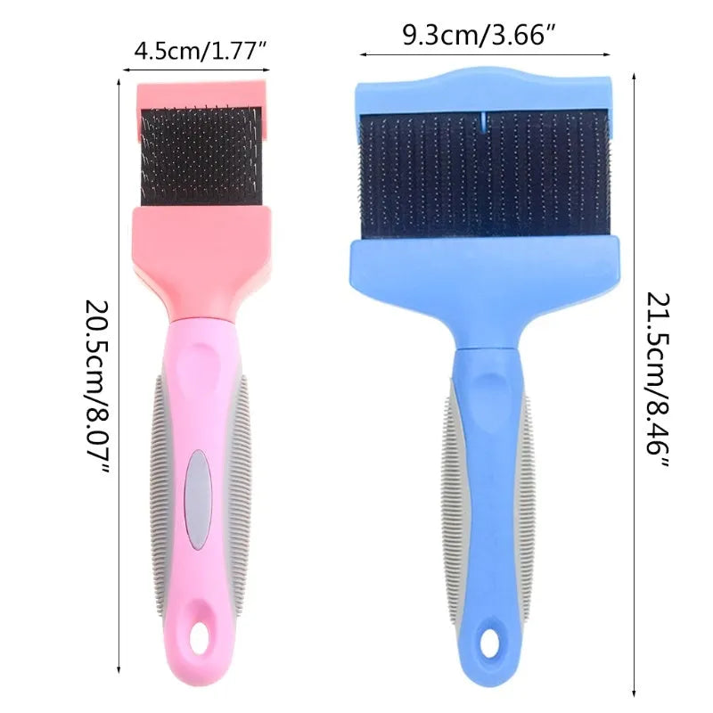 Blue double-sided pet brush with stainless steel pins next to a pink large version on a wooden surface.