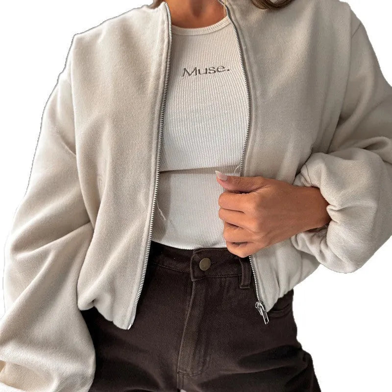 Women's off-shoulder lantern sleeve short coat in milky white or brown casual style