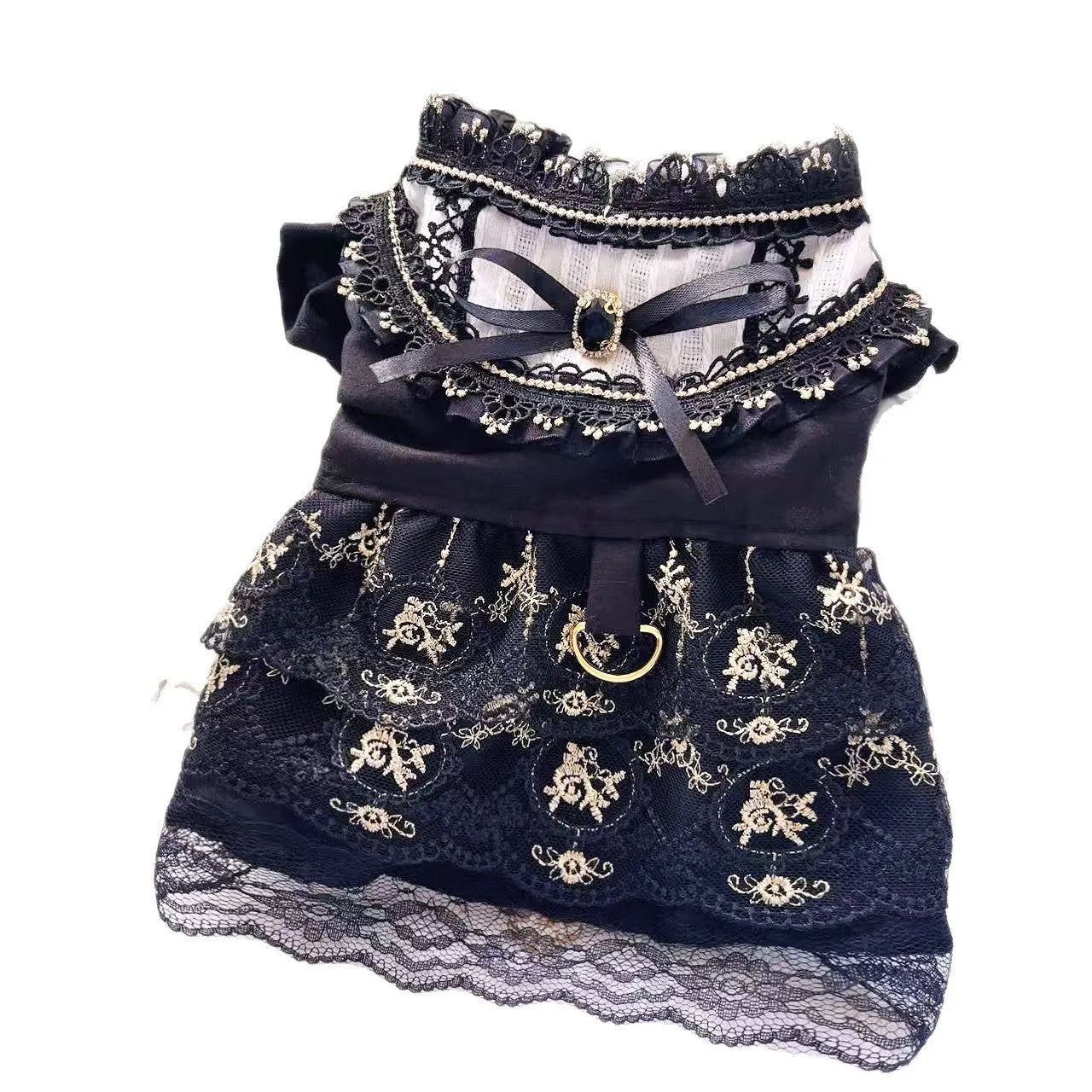Golden gothic princess costume dress for a small dog or cat on a hanger.