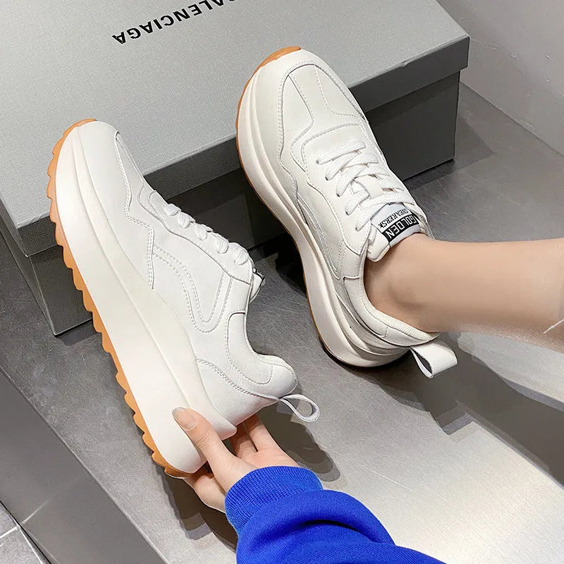 Beige women's cattlehide leather low-top sports shoes with an English muffin heel and cross strap detail