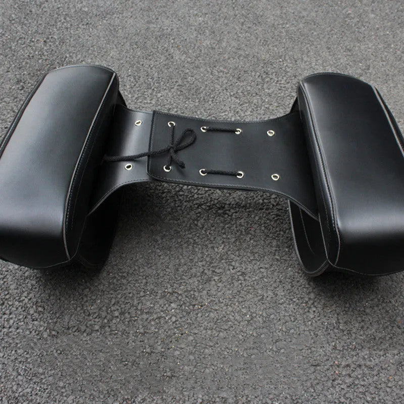Black retro PU leather motorcycle saddlebag mounted on a bike side.