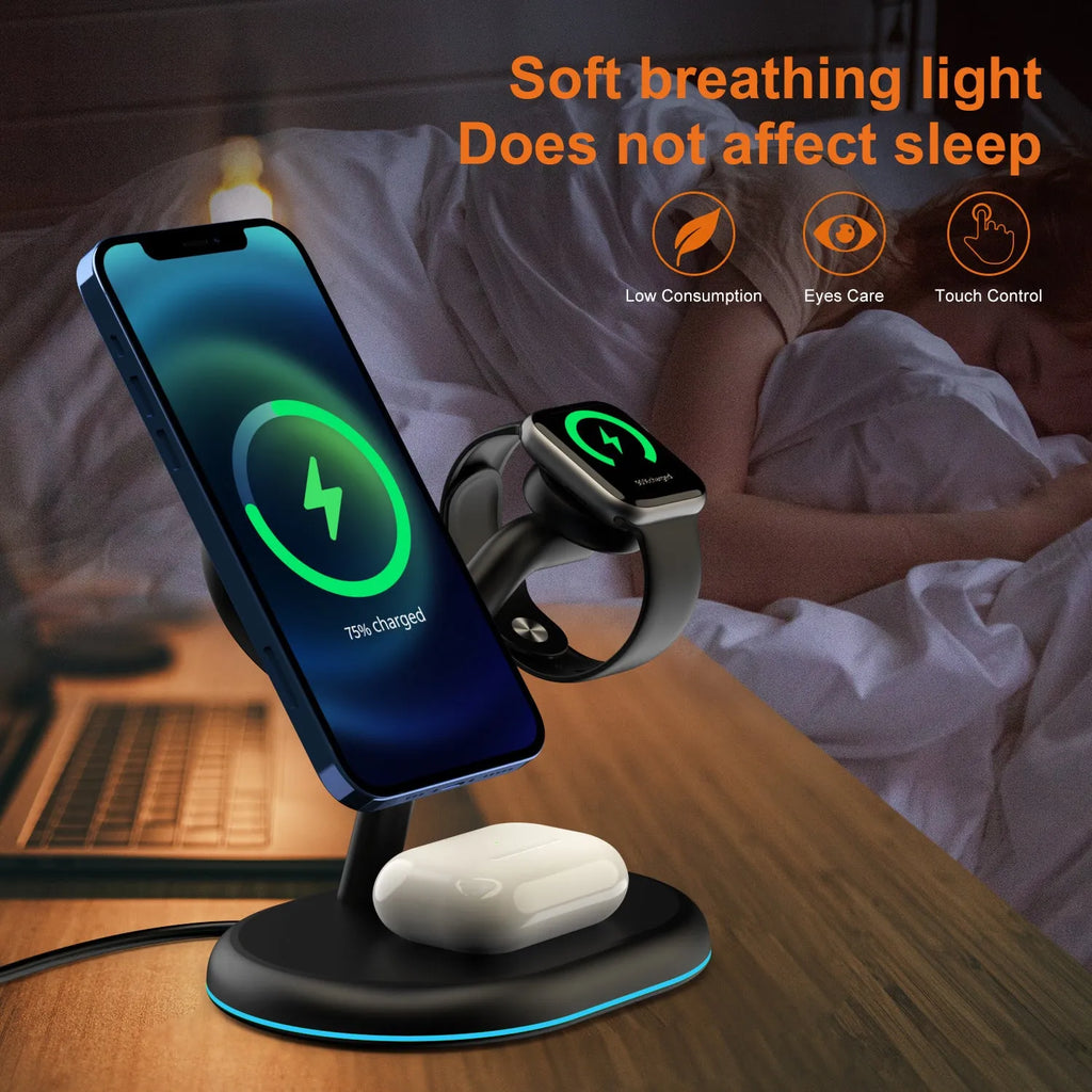 Black three-in-one magnetic wireless charger with simple design on a table.