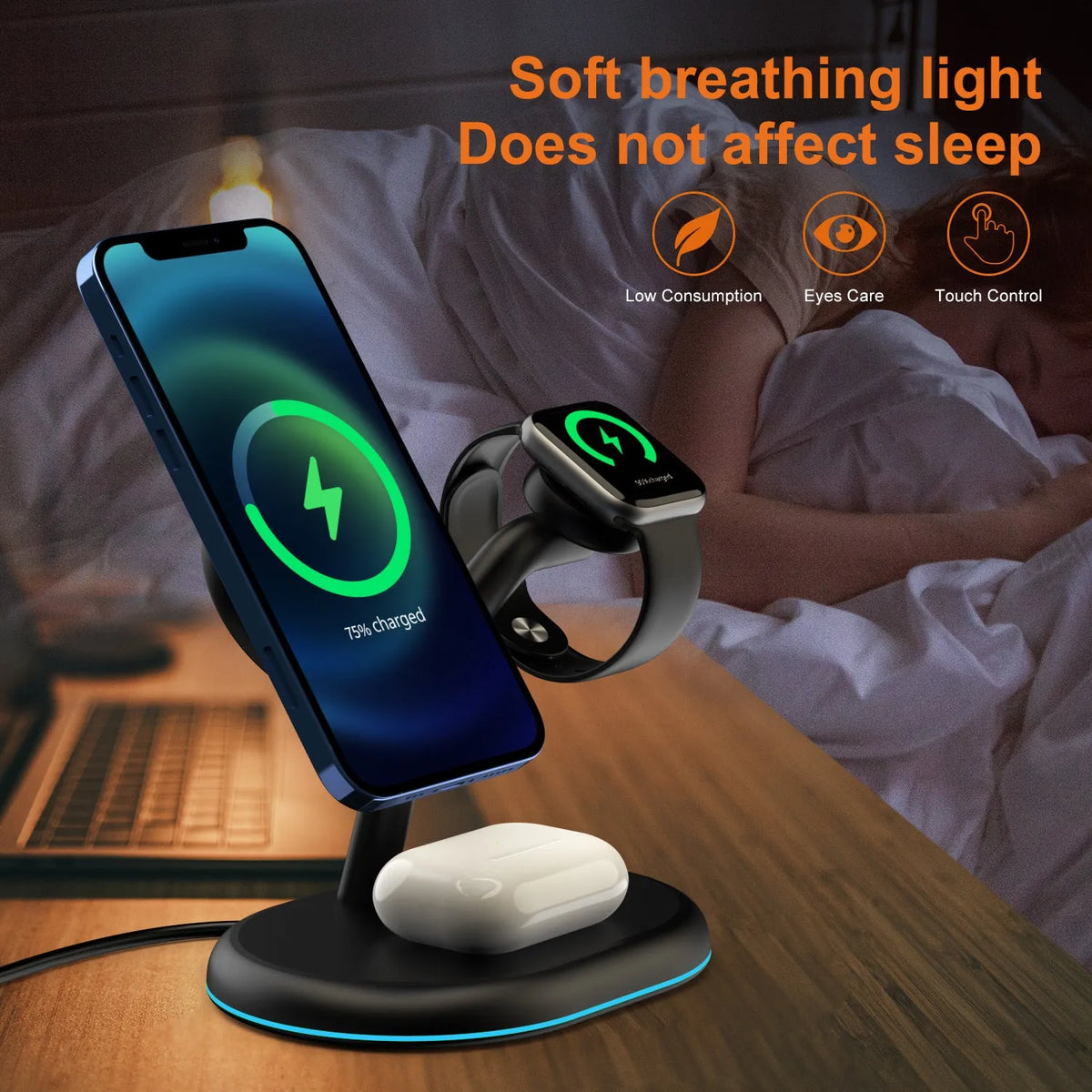 Black three-in-one magnetic wireless charger with simple design on a table.