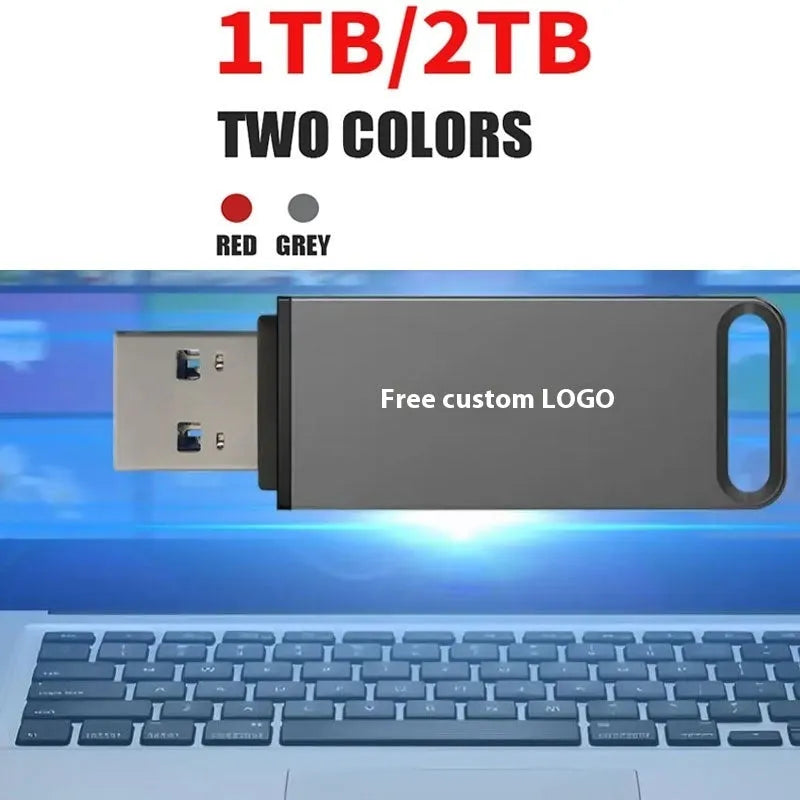 Customisable metal high-capacity USB flash drive in black, red, or silver.