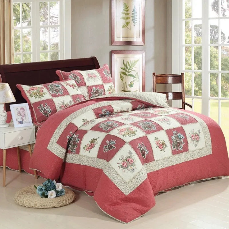 Pure cotton quilted bedspread and pillowcase three-piece set in a chosen colour pattern on a bed.