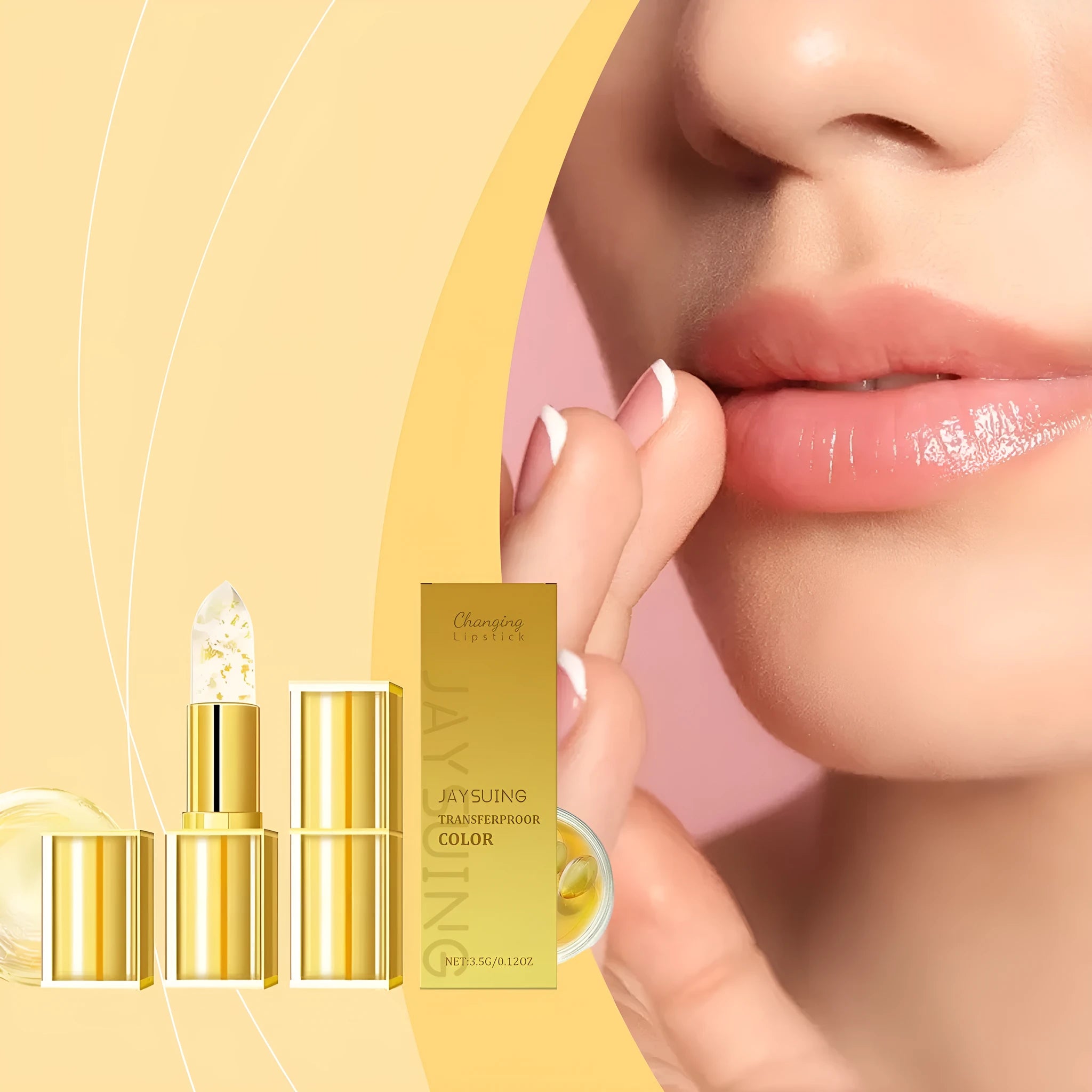 Square gold foil hydrating lipstick with 3.5g content containing hyaluronic acid and vitamin E