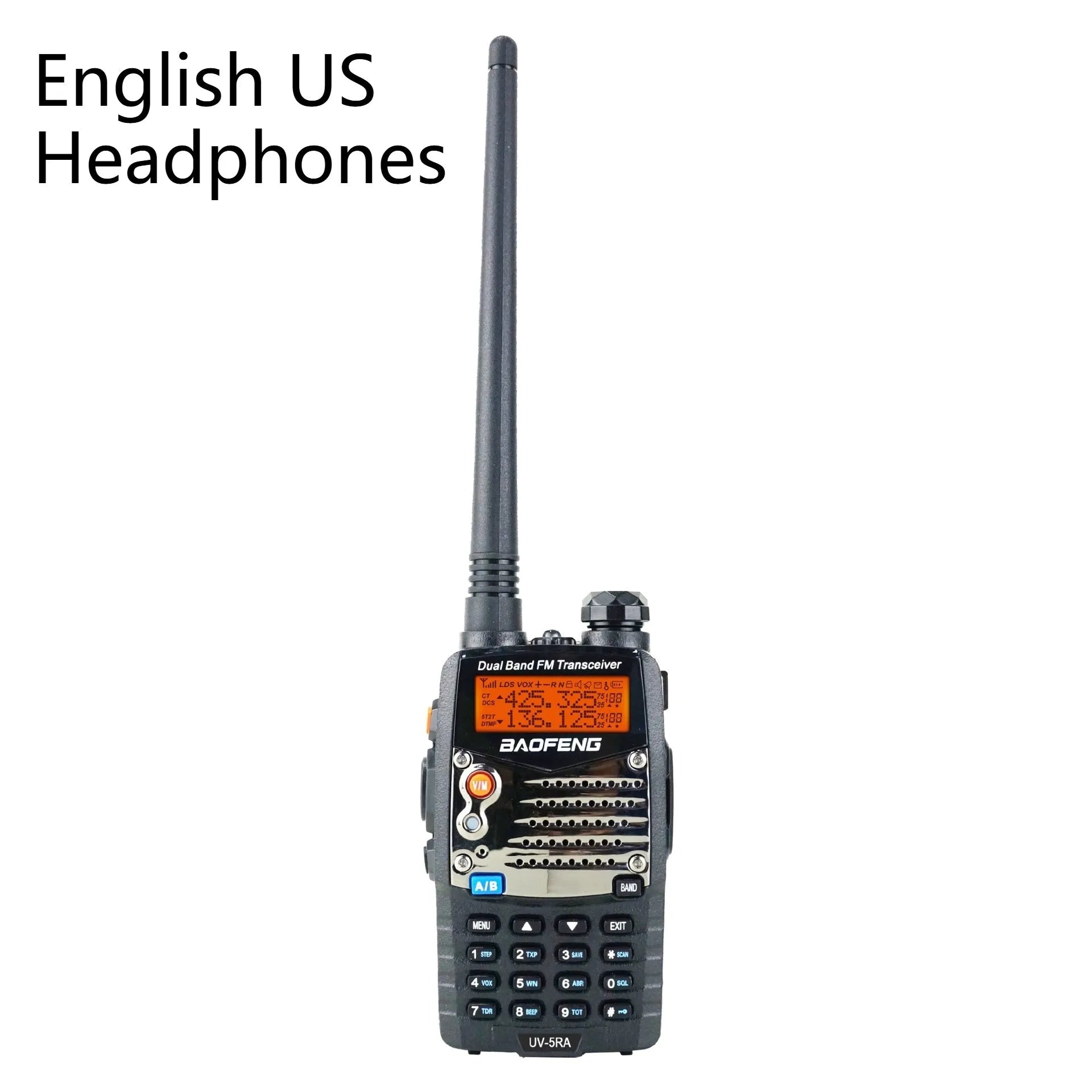 Baofeng UV-5RA handheld dual-band walkie-talkie radio with display screen and antenna.