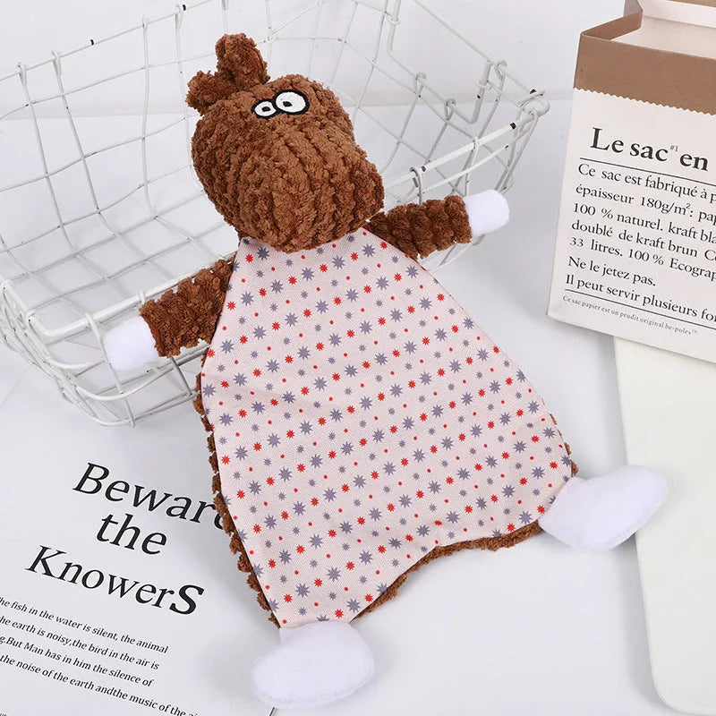 Brown velvet fox elephant pet toy with crinkly paper sound effects inside for cats and dogs