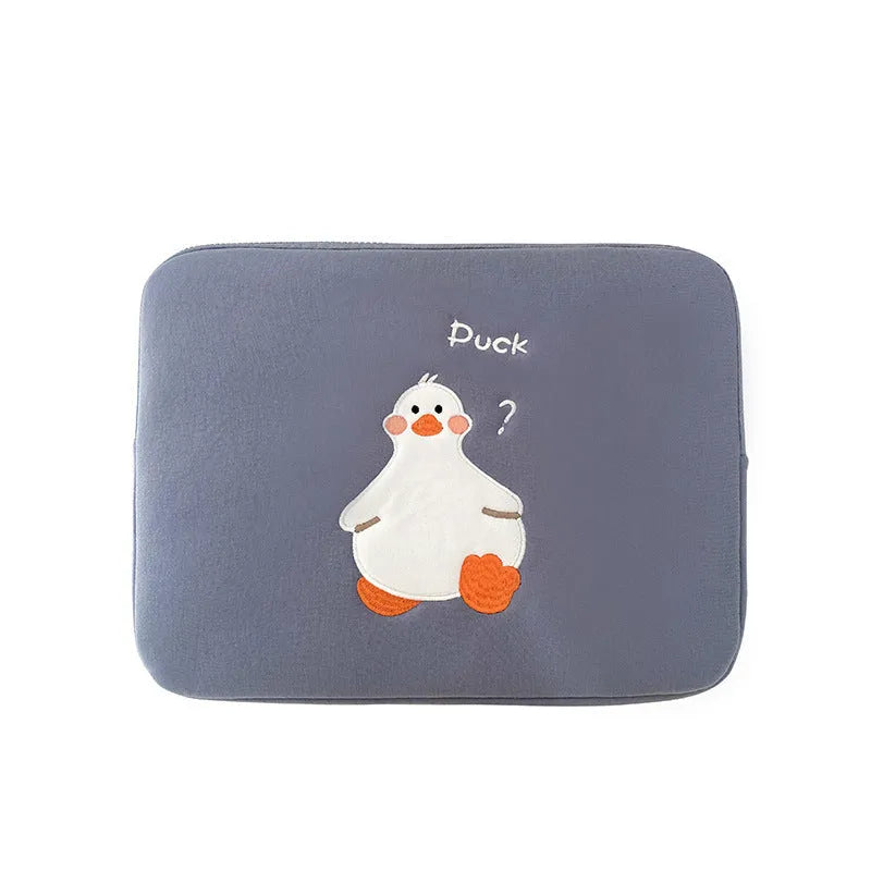 Blue cotton tablet case with duck embroidery design and zipper closure for 11-16 inch tablets