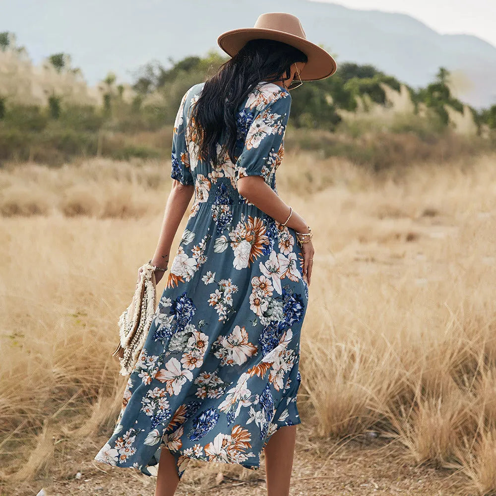 Floral print women's beach dress with V neck and elastic waist in yellow colour