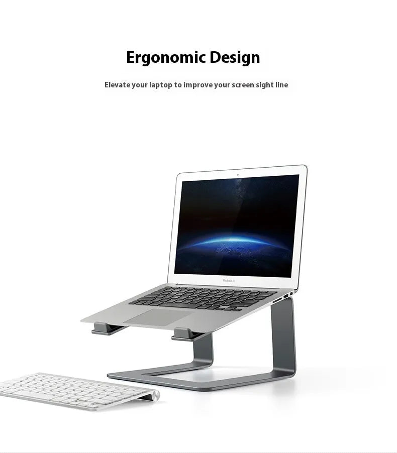 Black aluminium alloy laptop stand on desk elevating computer for ergonomic use