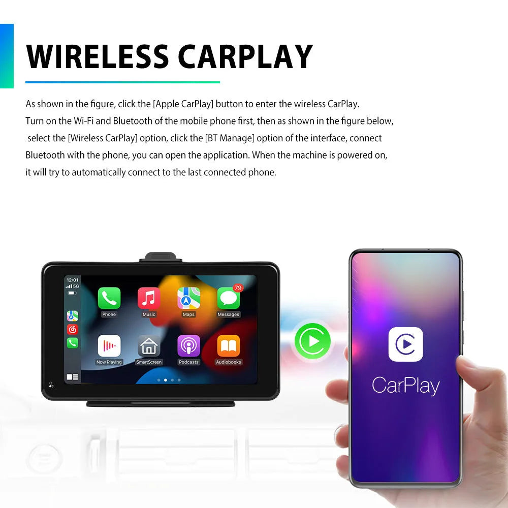 7-inch HD wired car multimedia player with universal suction cup and vertical mounting brackets on a dashboard.