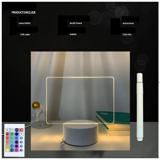 3D handwritten acrylic message board night light with black base and remote control displaying glowing text