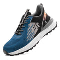 Blue men's lightweight safety work shoes with mesh upper and plastic toe cap