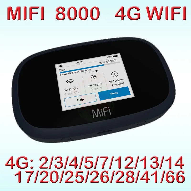 Black Mifi8000 4G portable wireless router with compact 10x20x3 cm dimensions