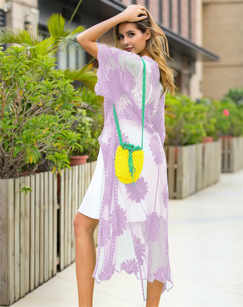 Light purple lace embroidery beach dress cardigan for women, free size swimwear outerwear