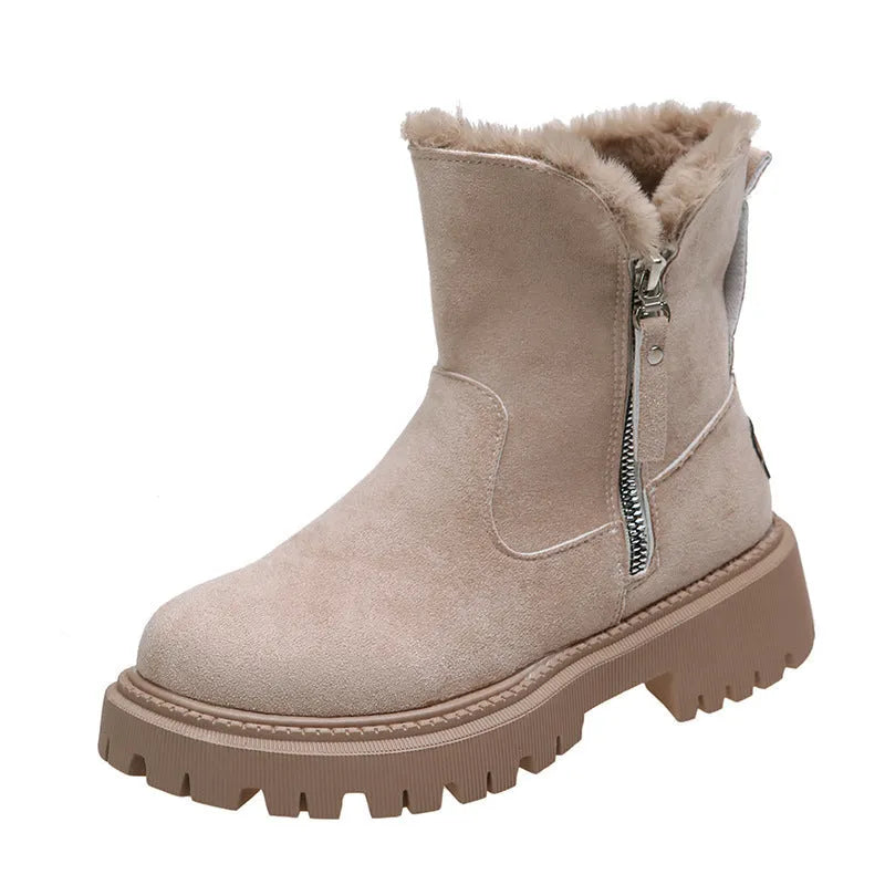 Women's black faux suede snow boots with thick plush lining and side zip closure