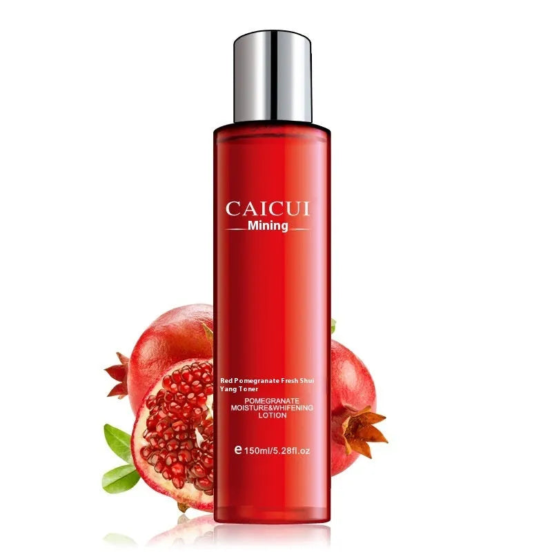 Pomegranate skincare set with four products: face wash, toner, lotion and facial cream in red packaging.