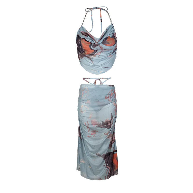 Blue women's three-piece bikini set with diamond chain split design and backless styling