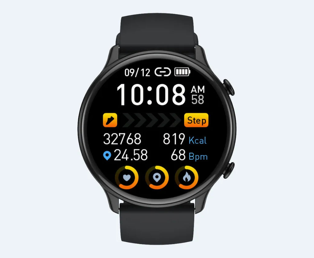 Round smart sports watch with touch screen and silicone strap in three colours