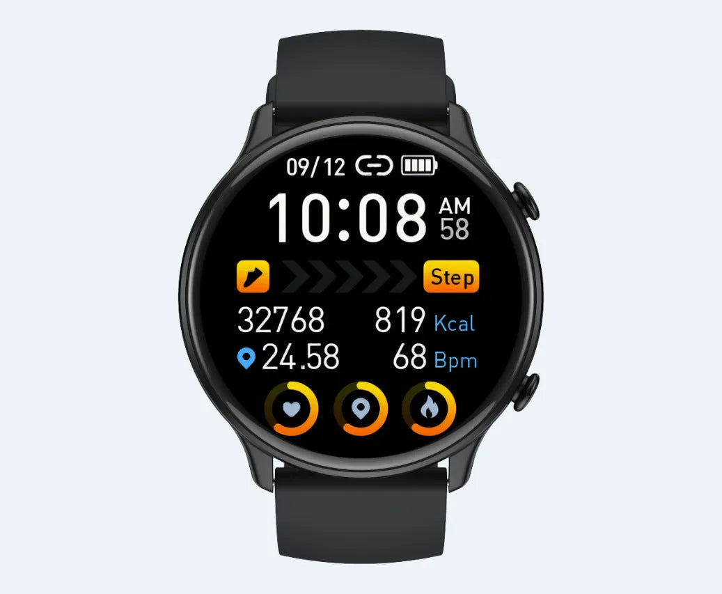 Round smart sports watch with touch screen and silicone strap in three colours