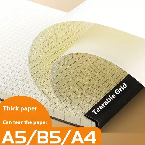 A5, B5 and A4 writing pads with blank, grid and horizontal line rulings showing tearable sheets